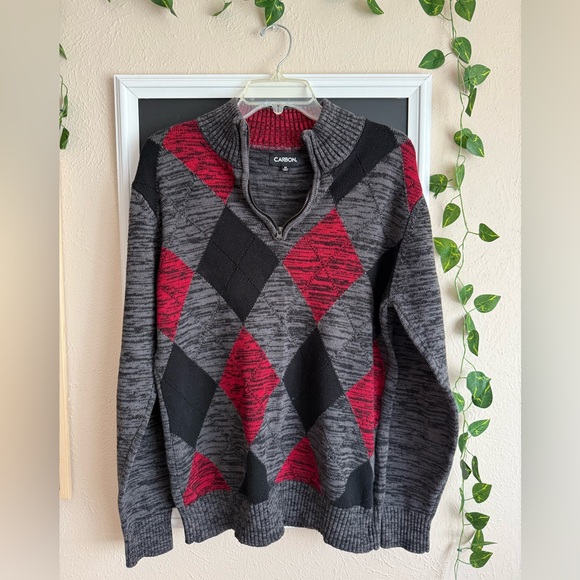 Carbon Men's Zip Up Sweater - Red and Black Argyle - Picture 1 of 2